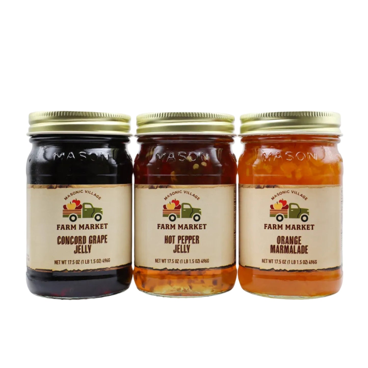 Three jars of Masonic Village Farm Market jelly including concord grape, hot pepper jelly and orange marmalade.