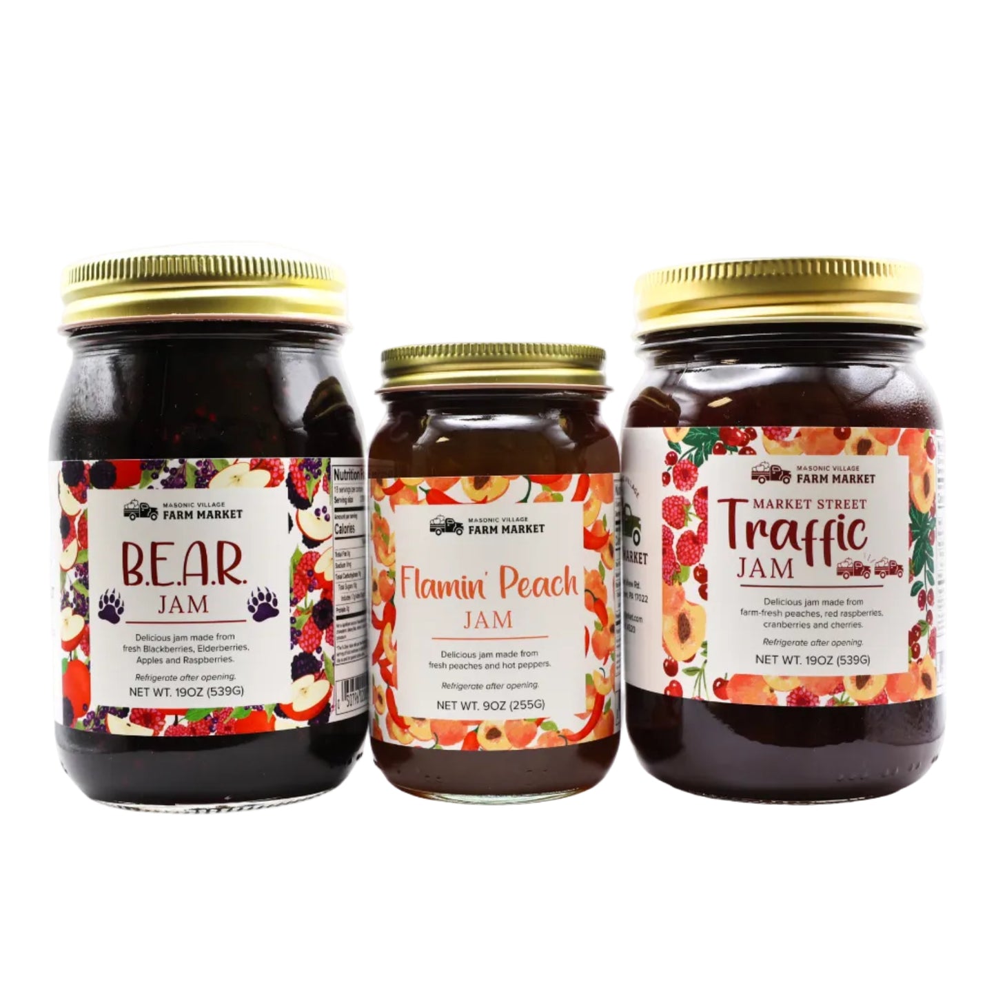Three jars of jam with colorful labels on a white background