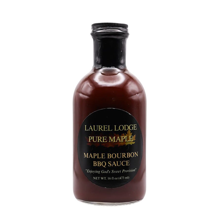 Bottle of Laurel Lodge Pure Maple Maple Bourbon BBQ Sauce on a white background