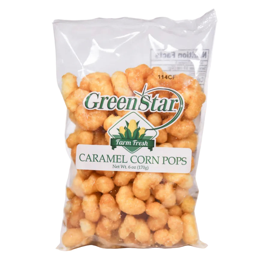 Bag of Green Star Caramel Corn Pops against a white background.