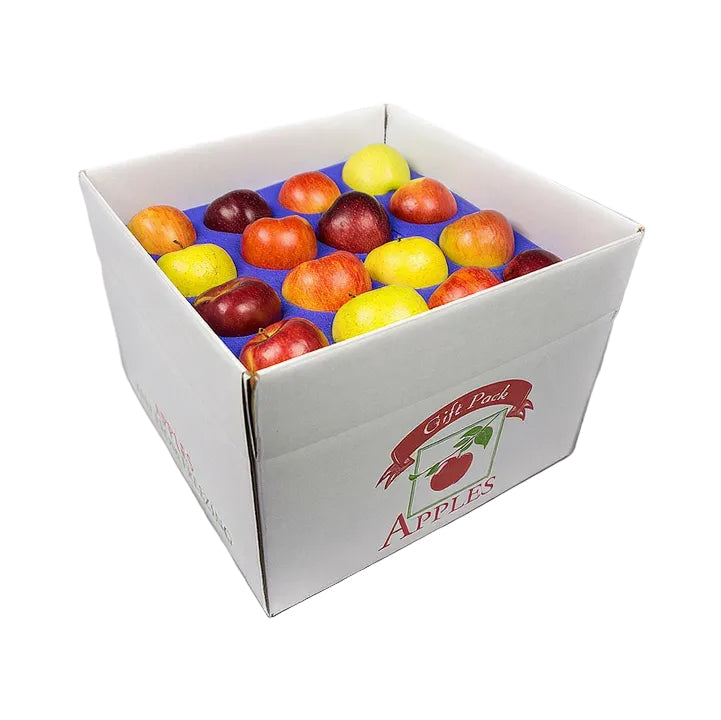 Large box of apples on a white background.
