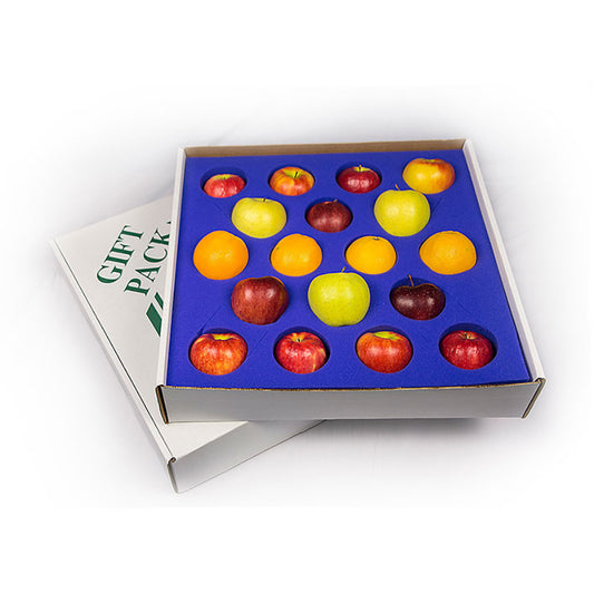 Box of assorted apples and oranges on a white background.