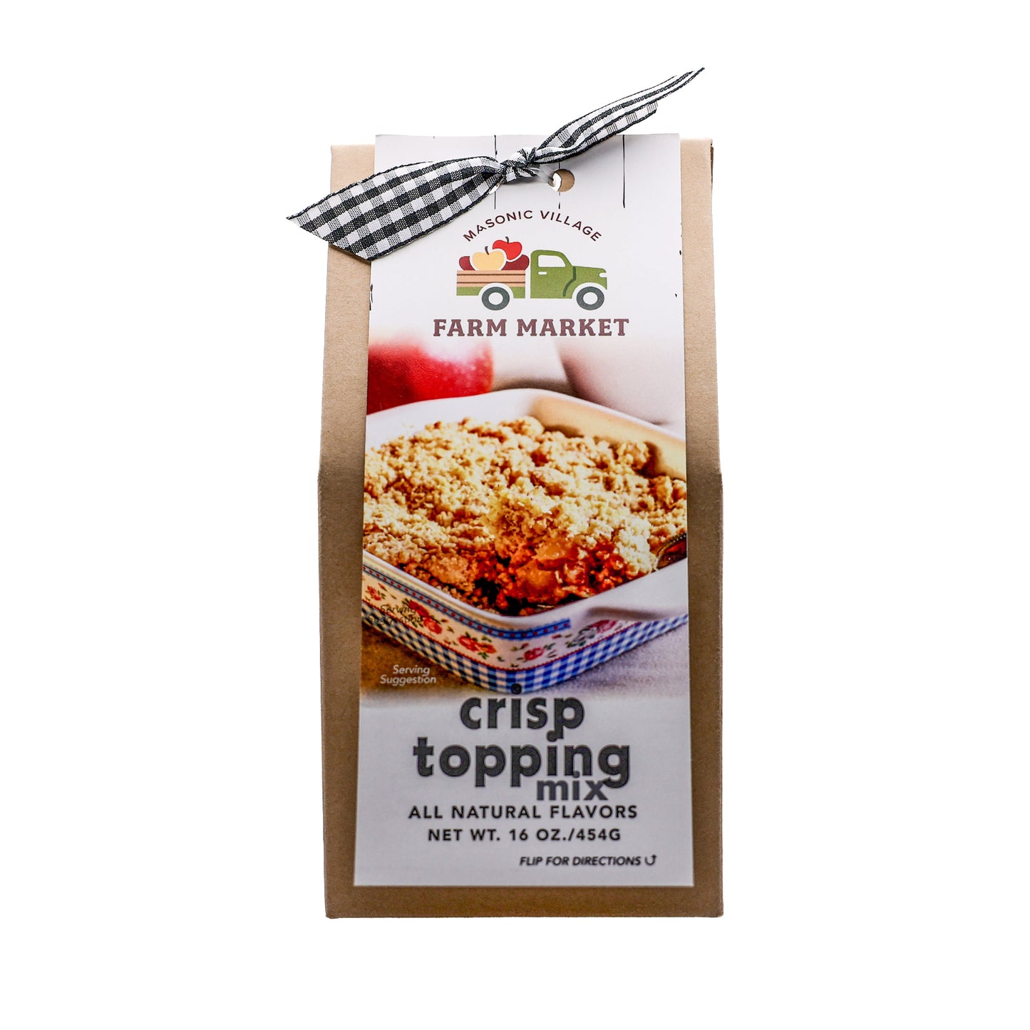 Brown bag of crisp topping mix on a white background.