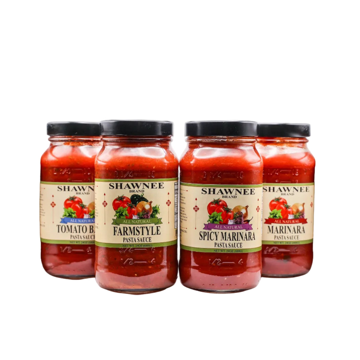 Four jars of Shawnee brand pasta sauce on a white background
