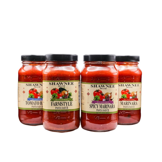 Four jars of Shawnee brand pasta sauce on a white background