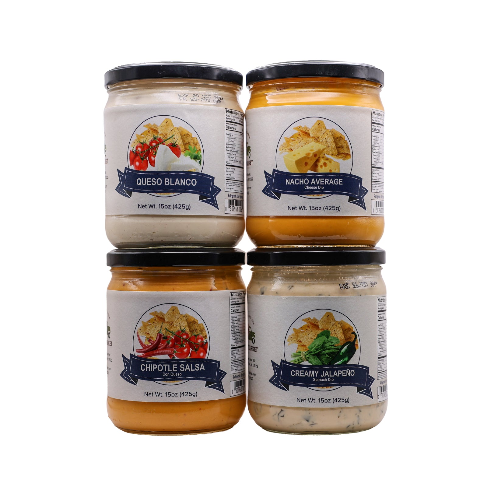 Four jars of dips including Queso Blanco, Nacho Average, Chipotle Salsa and Creamy Jalapeno on a white background.