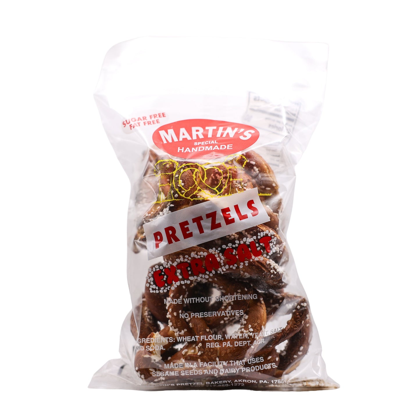 A bag of Martin's Handmade Pretzels with extra salt on a white background.