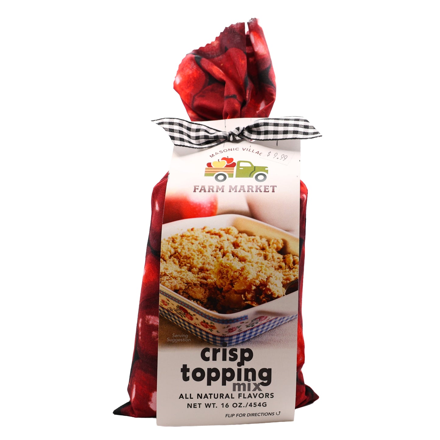 Bag of crisp topping with a red and black checkered bow on a white background