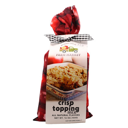 Bag of crisp topping with a red and black checkered bow on a white background