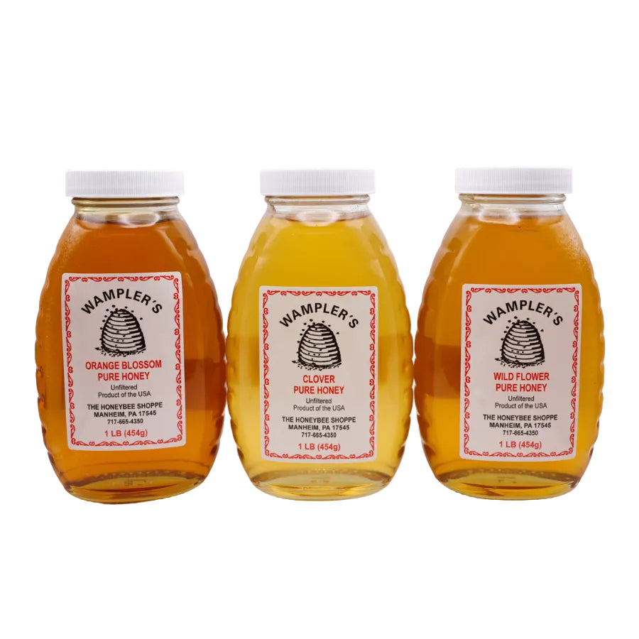 Three bottles of Wampler's honey with labels on a white background