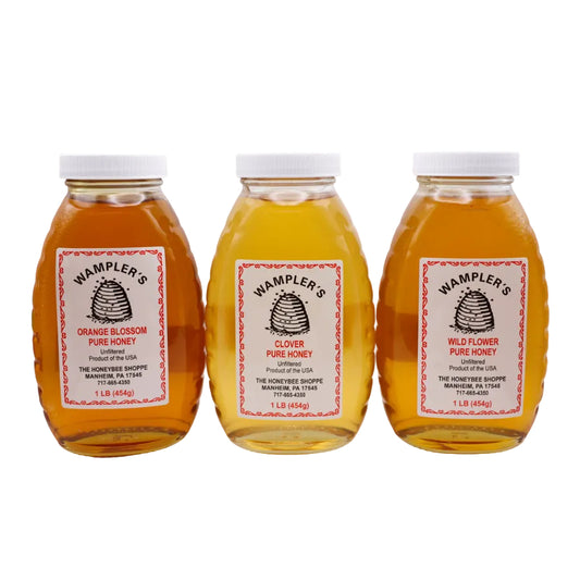 Three bottles of Wampler's honey with labels on a white background