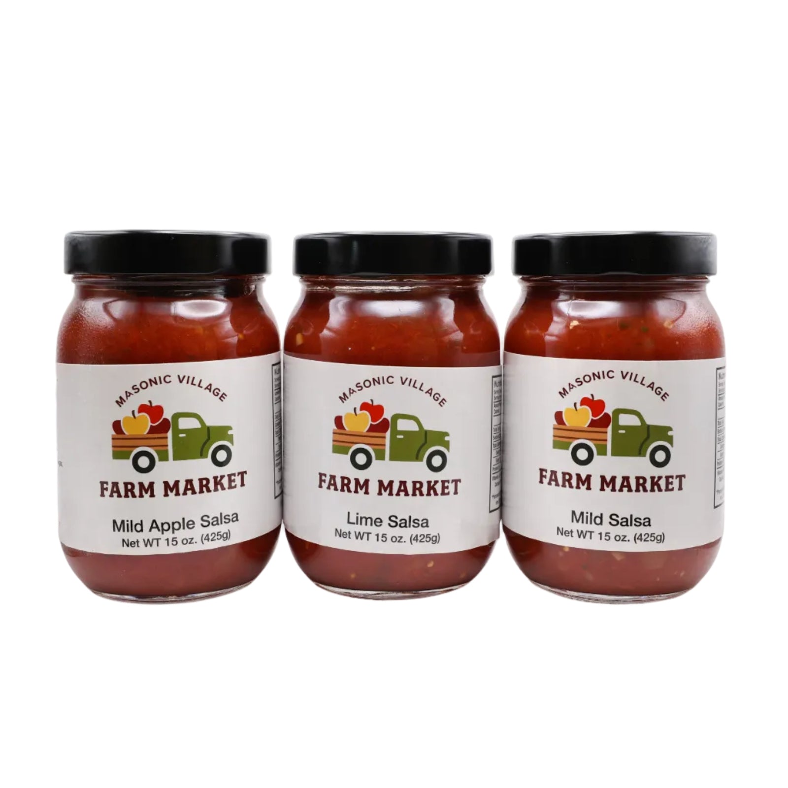 Three jars of Masonic Village Farm Market salsa on a white background