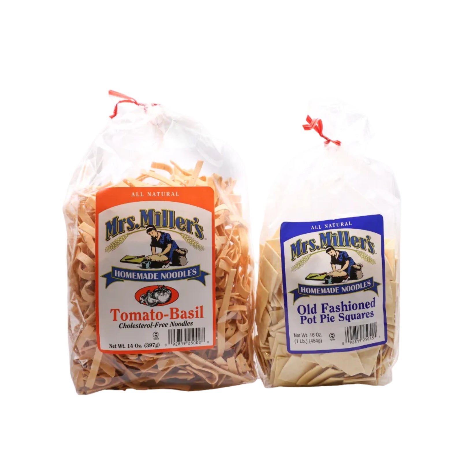 Two packages of Mrs. Miller's noodles on a white background