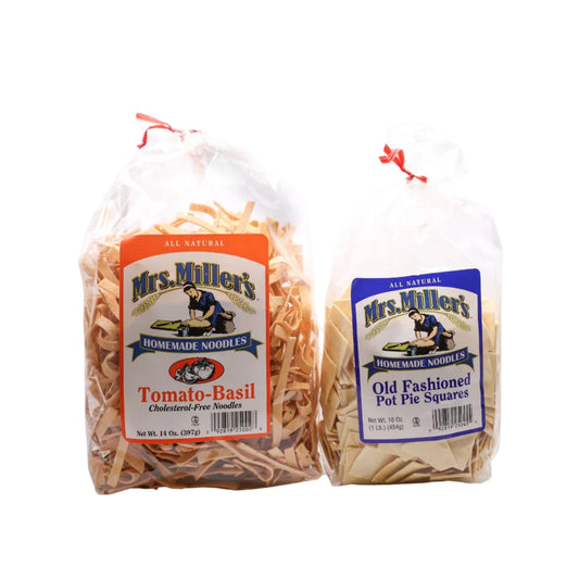 Two packages of Mrs. Miller's noodles on a white background