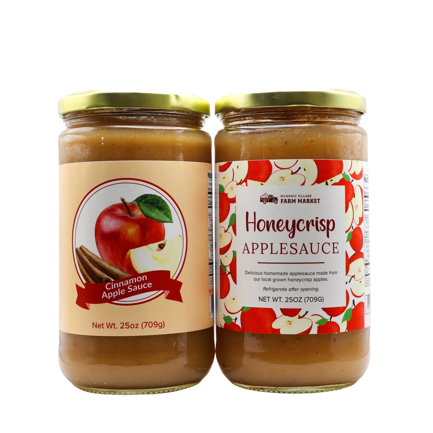 Two jars of  applesauce with labels on a white background