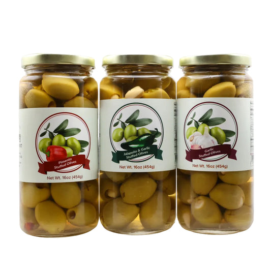 Three 16 oz. jars of stuffed olives with labels on a white background.