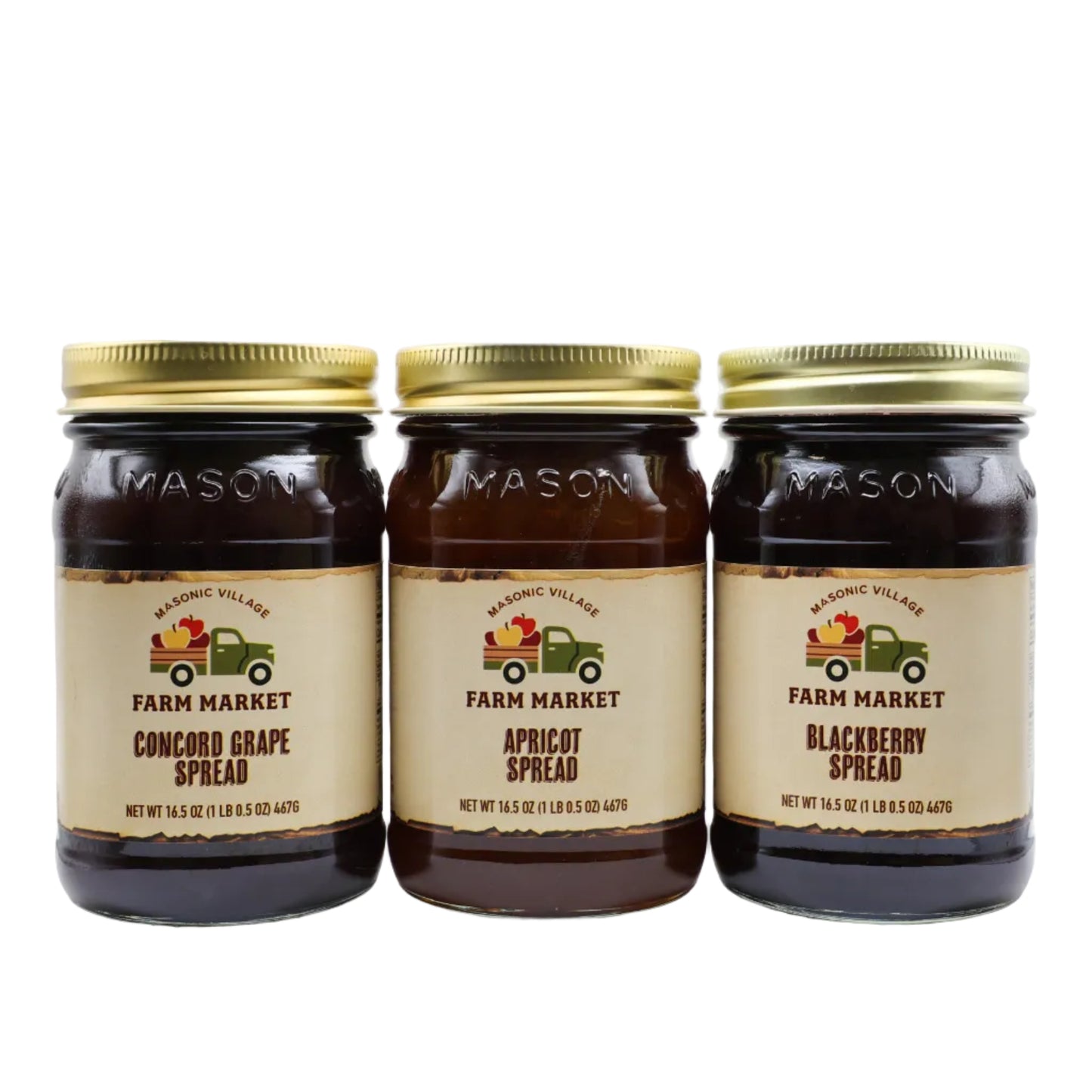 Three jars of fruit spread on a white background.