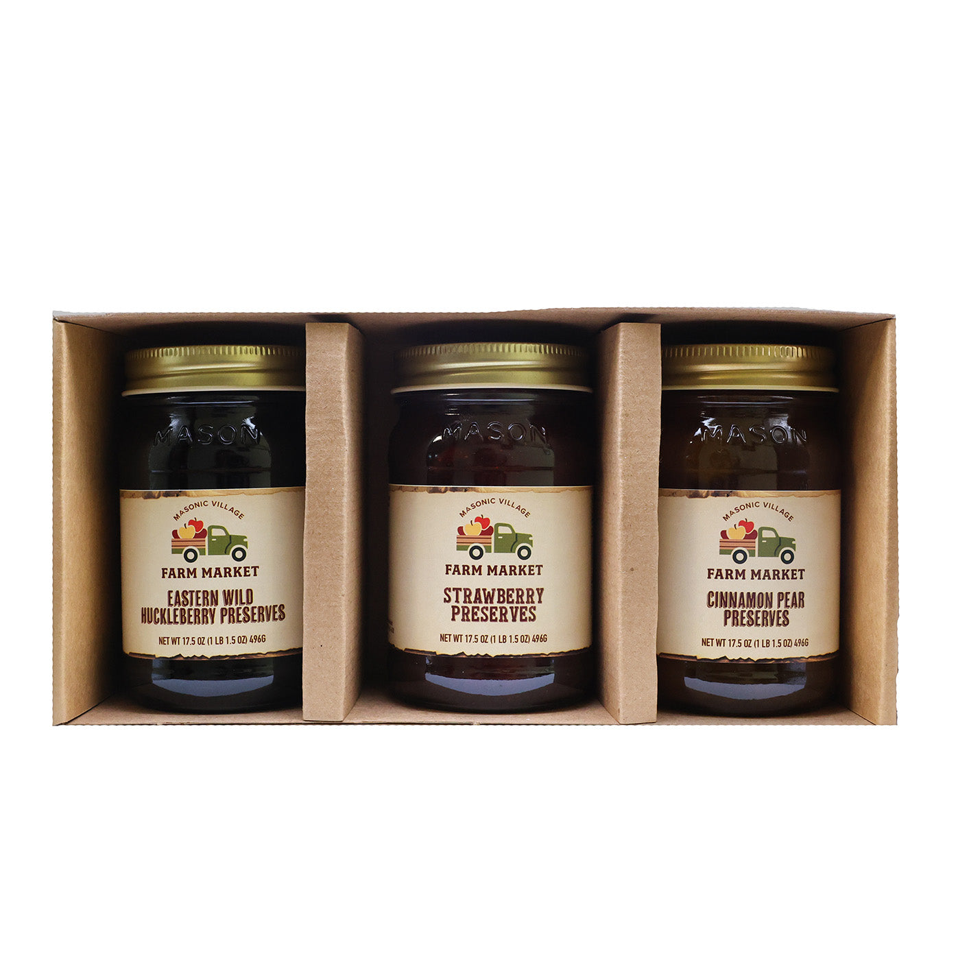 Three jars of preserves in a separated cardboard box. 