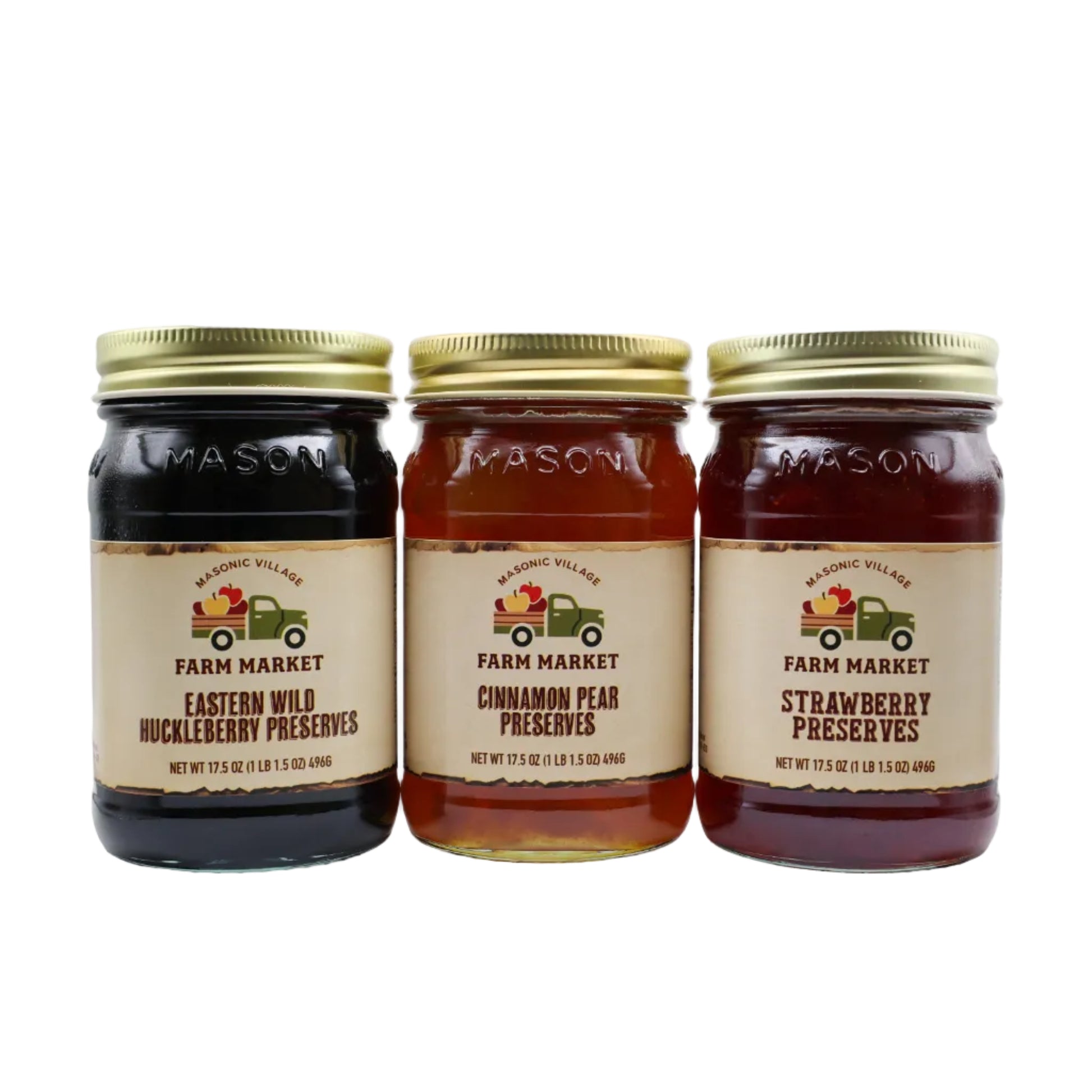 Three jars of preserves with 'Farm Market' labels on a white background