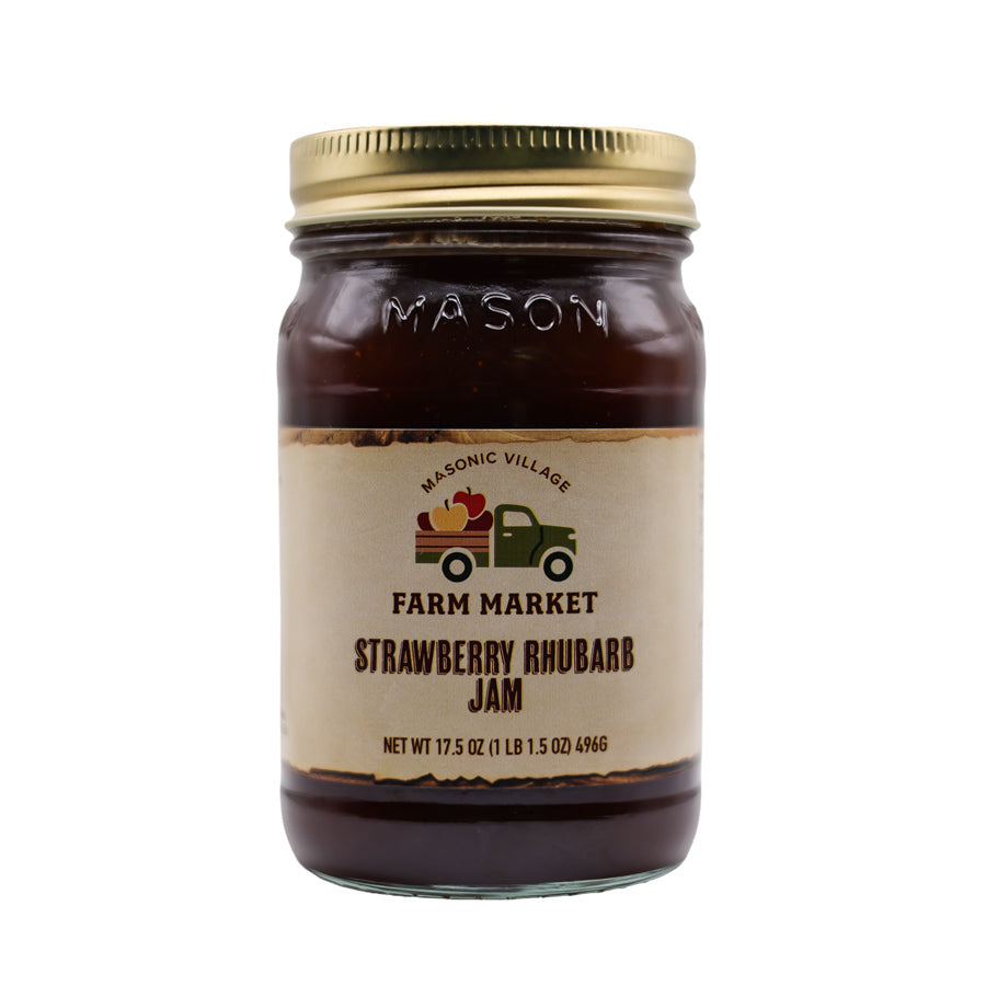 Jar of Strawberry Rhubarb Jam with a brown label. 