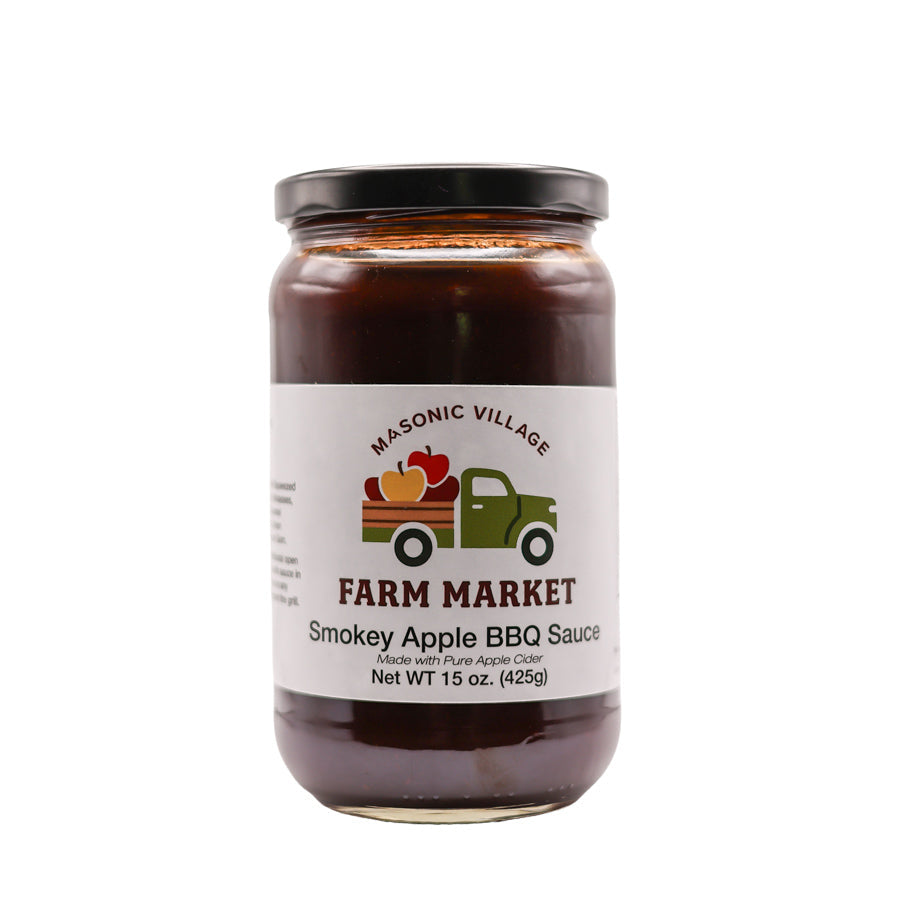 Jar of Masonic Village Farm Market Smokey Apple BBQ Sauce on a white background