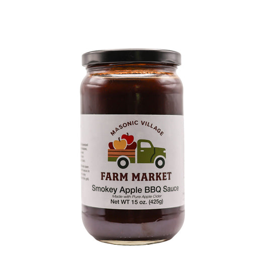 Jar of Masonic Village Farm Market Smokey Apple BBQ Sauce on a white background