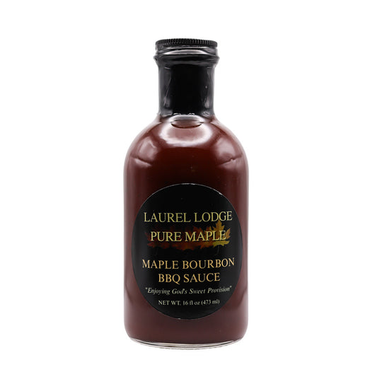 Bottle of Laurel Lodge Pure Maple Maple Bourbon BBQ Sauce on a white background